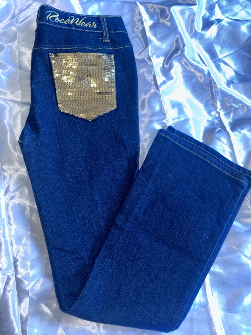 Rocawear Navy Flare Jeans with Gold Sequin Back Pockets - Picture 2 of 8